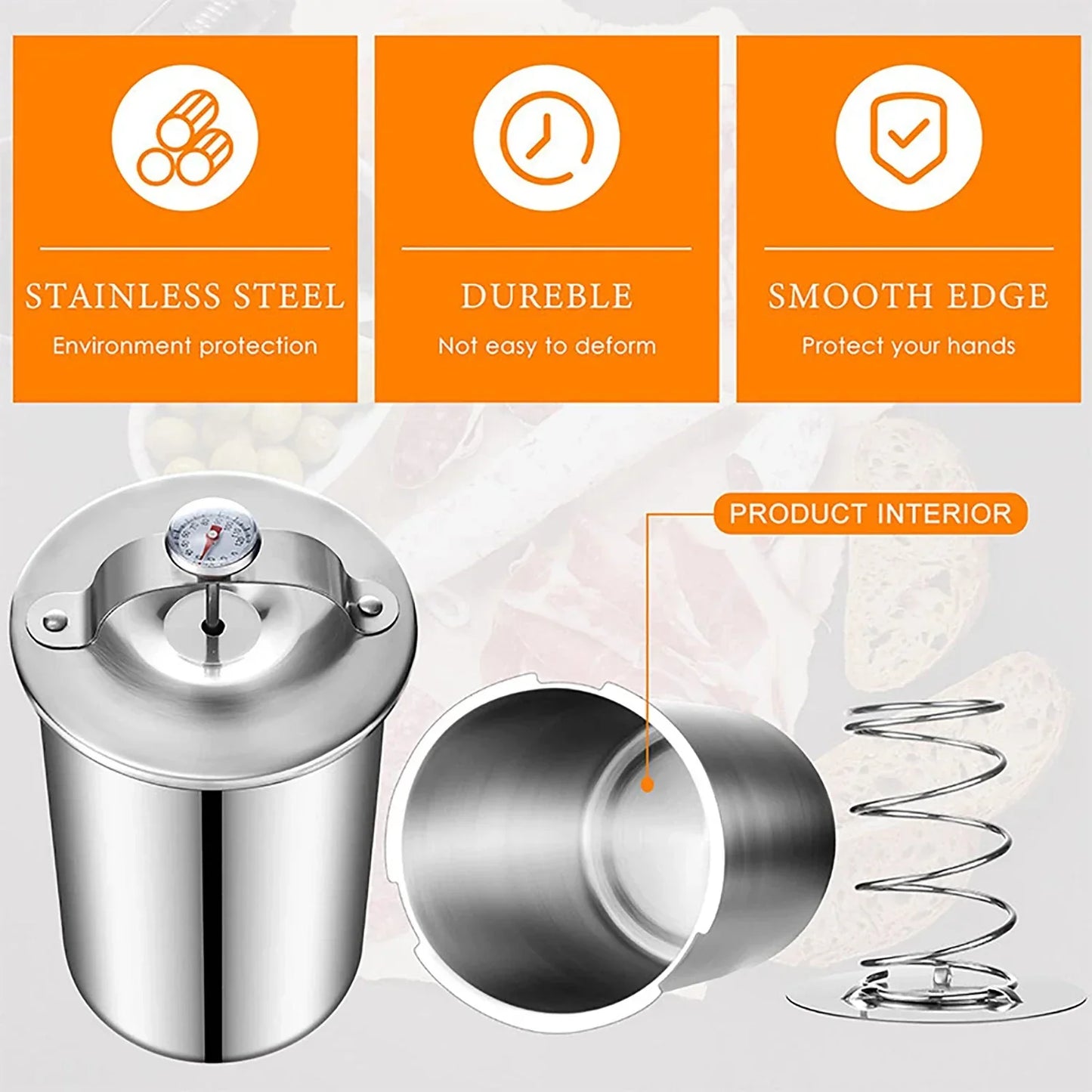 Edelstahl Schinkenmacher Fleischpresse Kochform mit Thermometer | Brehn