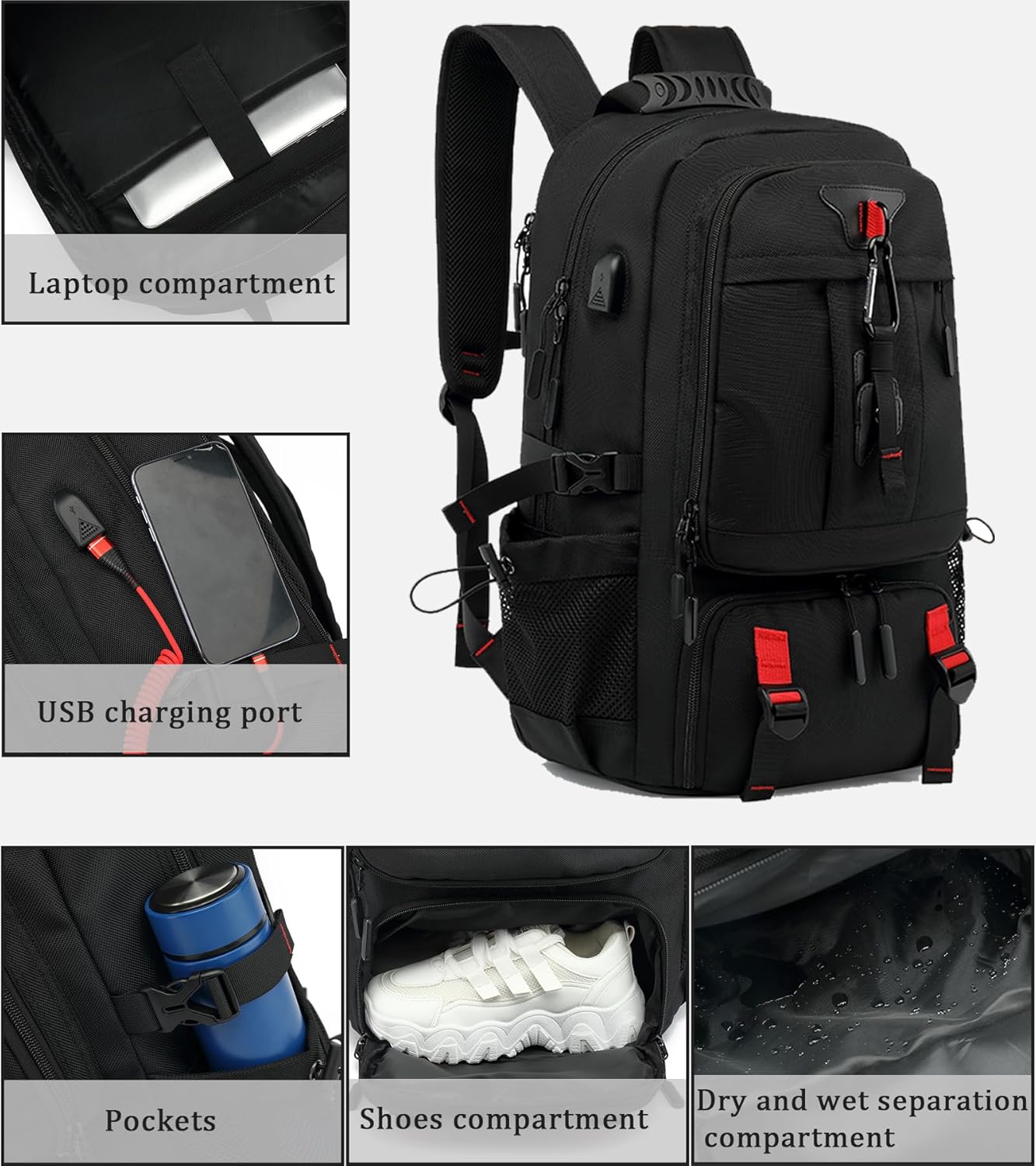 60L wasserdichter Reise-Laptop-Rucksack mit USB-Anschluss und Schuhfach | Brehn