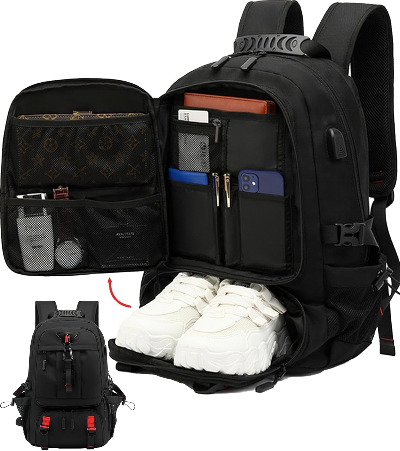 60L wasserdichter Reise-Laptop-Rucksack mit USB-Anschluss und Schuhfach | Brehn