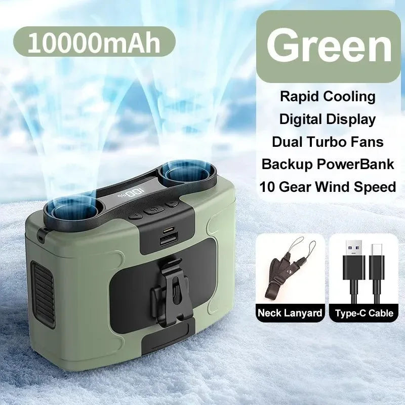 10000mAh Tragbarer Outdoor Taillenventilator – Hängender Hals & Starker Wind mit Powerbank & LED-Beleuchtung | Brehn