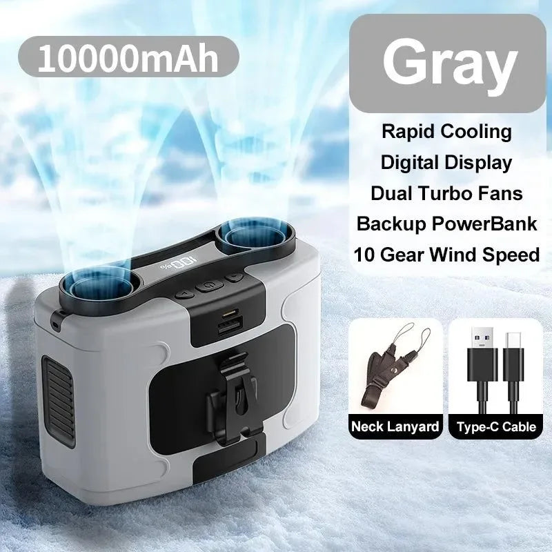 10000mAh Tragbarer Outdoor Taillenventilator – Hängender Hals & Starker Wind mit Powerbank & LED-Beleuchtung | Brehn