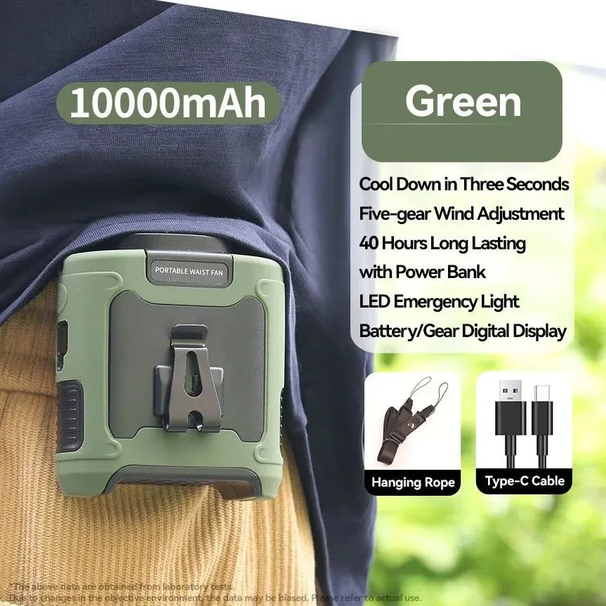 10000mAh Tragbarer Outdoor Taillenventilator – Hängender Hals & Starker Wind mit Powerbank & LED-Beleuchtung | Brehn