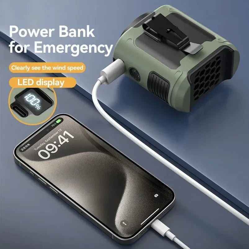 10000mAh Tragbarer Outdoor Taillenventilator – Hängender Hals & Starker Wind mit Powerbank & LED-Beleuchtung | Brehn