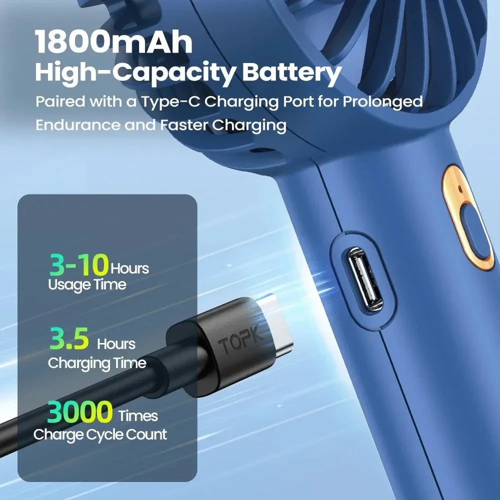 1800mAh wiederaufladbarer Mini tragbarer Ventilator - USB persönlicher Handventilator mit 3 Geschwindigkeiten für Zimmer, Camping und Innengebrauch | Brehn