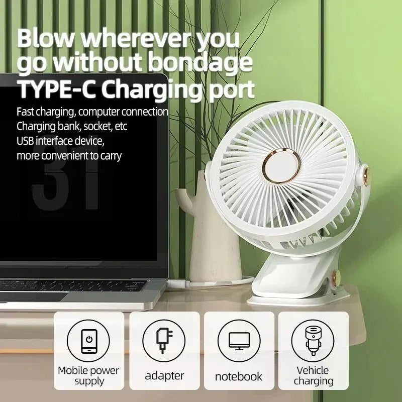 8000mAh Clip-on Ventilator 3 Geschwindigkeiten Leiser Wiederaufladbarer Desktop Tragbarer Luftzirkulator Kabelloser Ventilator | Brehn