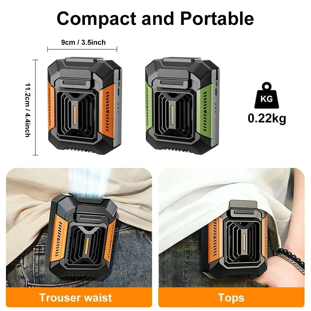 Tragbarer Taillenclip-Ventilator – Mini-Hängender Hals- & Taillenventilator mit Powerbank & LED-Licht | Brehn