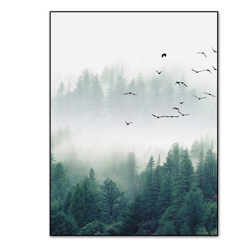 Nordische Nebelwaldlandschaft – Leinwanddruck