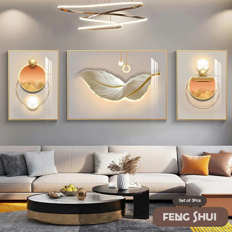 Set aus 3 Stück Modern Aesthetics Triptychon Licht Luxus Feder Abstrakte Wandkunst Feine Kunst Leinwanddrucke Feng Shui Bilder für modernes Wohnzimmer | Brehn