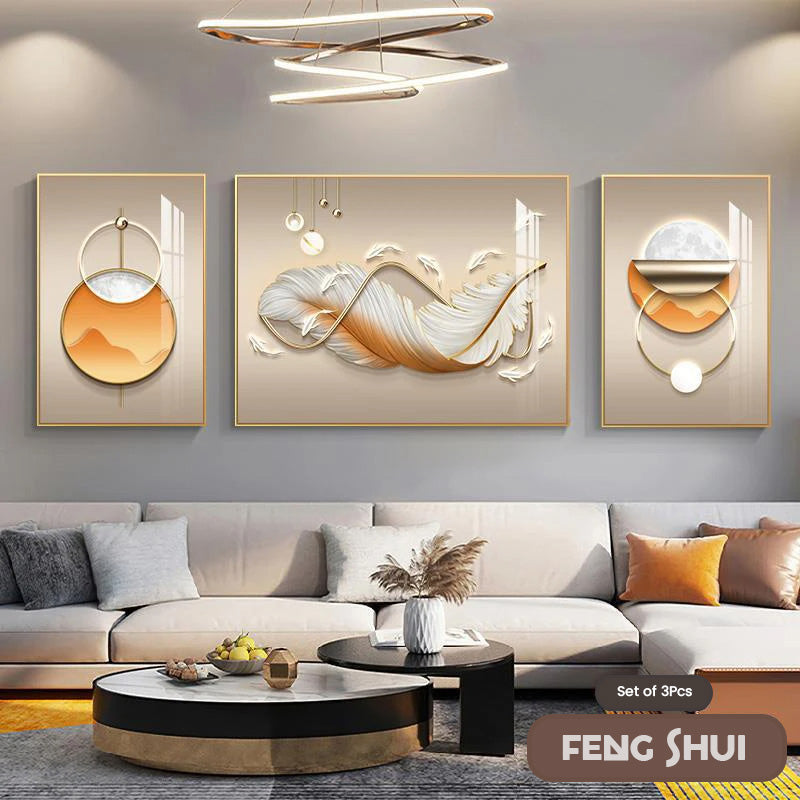 Set aus 3 Stück Modern Aesthetics Triptychon Licht Luxus Feder Abstrakte Wandkunst Feine Kunst Leinwanddrucke Feng Shui Bilder für modernes Wohnzimmer | Brehn