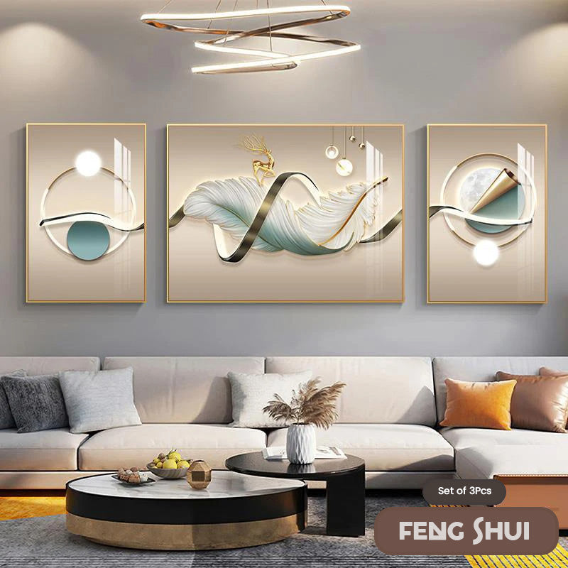 Set aus 3 Stück Modern Aesthetics Triptychon Licht Luxus Feder Abstrakte Wandkunst Feine Kunst Leinwanddrucke Feng Shui Bilder für modernes Wohnzimmer | Brehn