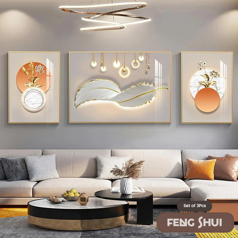 Set aus 3 Stück Modern Aesthetics Triptychon Licht Luxus Feder Abstrakte Wandkunst Feine Kunst Leinwanddrucke Feng Shui Bilder für modernes Wohnzimmer | Brehn