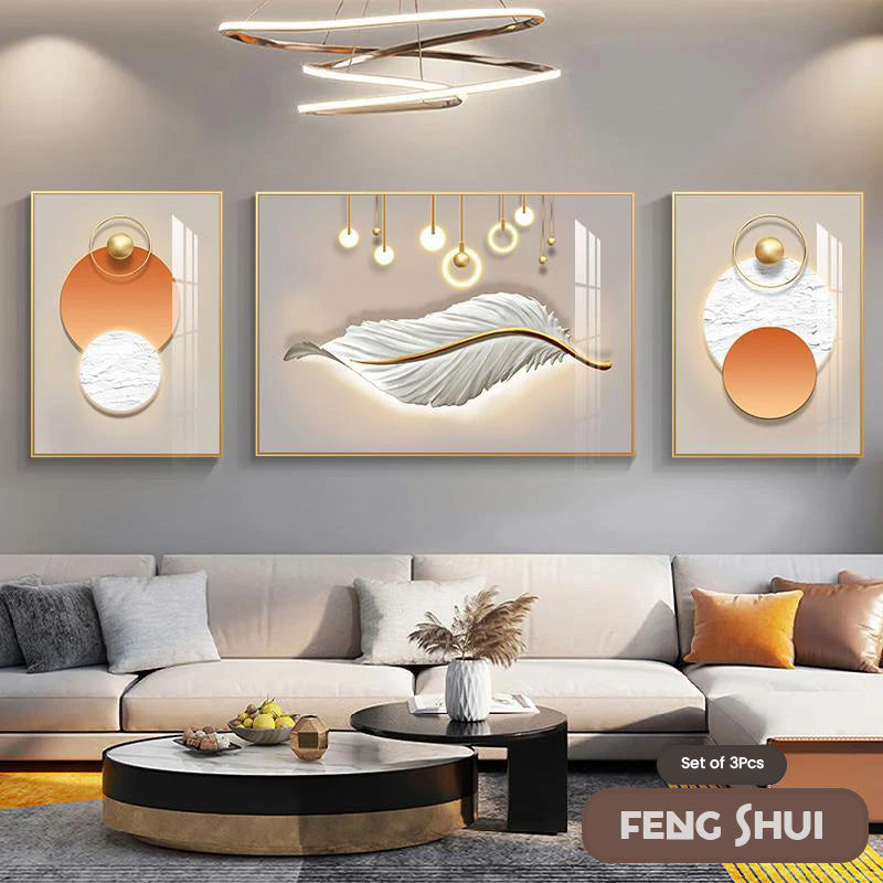 Set aus 3 Stück Modern Aesthetics Triptychon Licht Luxus Feder Abstrakte Wandkunst Feine Kunst Leinwanddrucke Feng Shui Bilder für modernes Wohnzimmer | Brehn