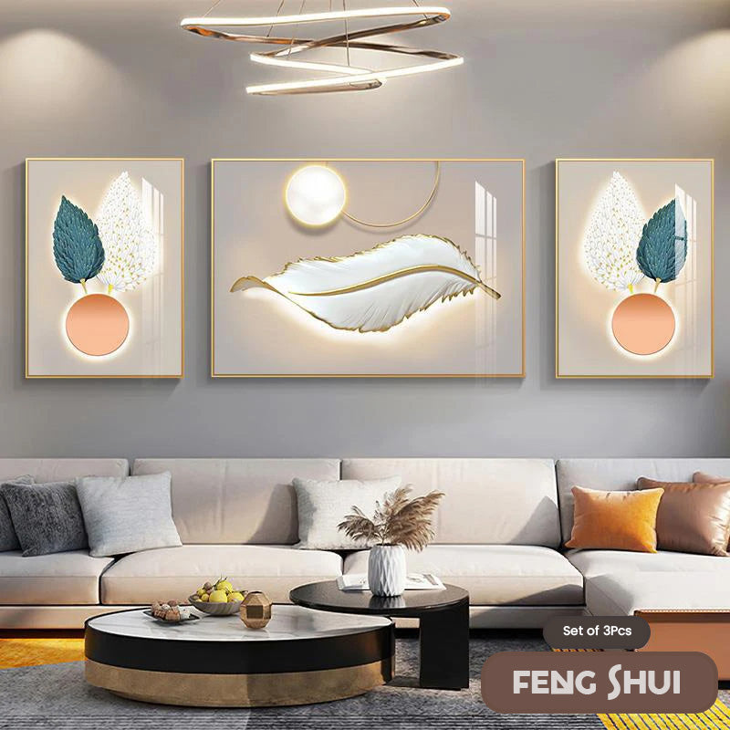 Set aus 3 Stück Modern Aesthetics Triptychon Licht Luxus Feder Abstrakte Wandkunst Feine Kunst Leinwanddrucke Feng Shui Bilder für modernes Wohnzimmer | Brehn