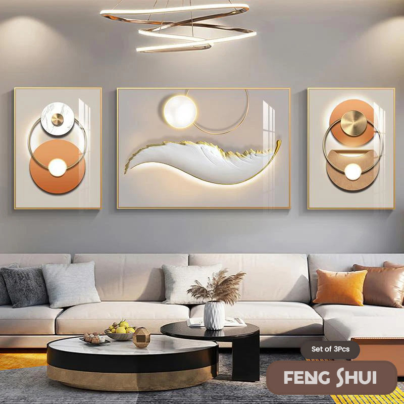Set aus 3 Stück Modern Aesthetics Triptychon Licht Luxus Feder Abstrakte Wandkunst Feine Kunst Leinwanddrucke Feng Shui Bilder für modernes Wohnzimmer | Brehn