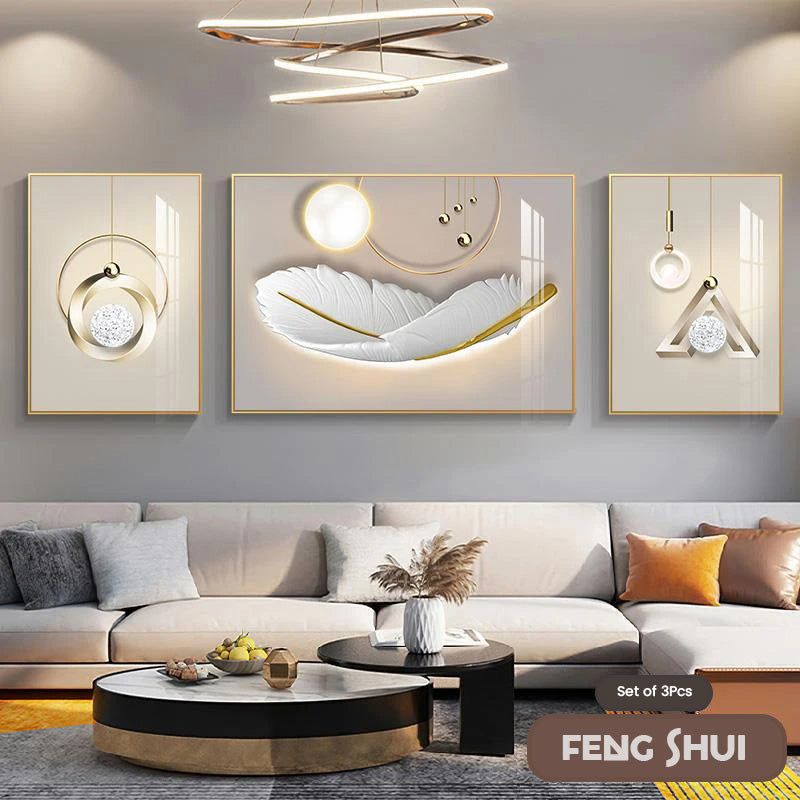 Set aus 3 Stück Modern Aesthetics Triptychon Licht Luxus Feder Abstrakte Wandkunst Feine Kunst Leinwanddrucke Feng Shui Bilder für modernes Wohnzimmer | Brehn
