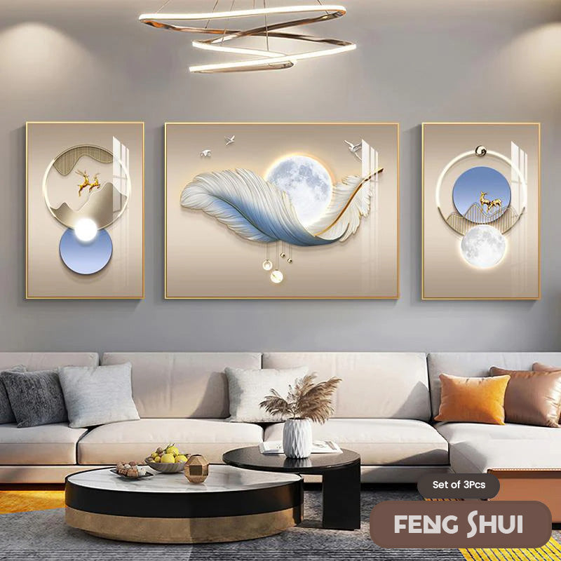 Set aus 3 Stück Modern Aesthetics Triptychon Licht Luxus Feder Abstrakte Wandkunst Feine Kunst Leinwanddrucke Feng Shui Bilder für modernes Wohnzimmer | Brehn