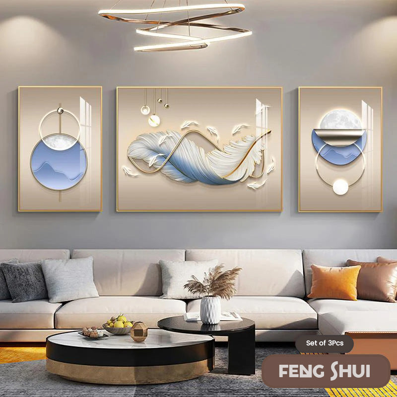 Set aus 3 Stück Modern Aesthetics Triptychon Licht Luxus Feder Abstrakte Wandkunst Feine Kunst Leinwanddrucke Feng Shui Bilder für modernes Wohnzimmer | Brehn