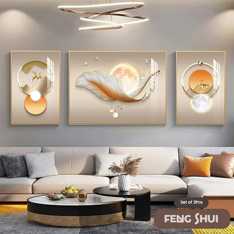 Set aus 3 Stück Modern Aesthetics Triptychon Licht Luxus Feder Abstrakte Wandkunst Feine Kunst Leinwanddrucke Feng Shui Bilder für modernes Wohnzimmer | Brehn