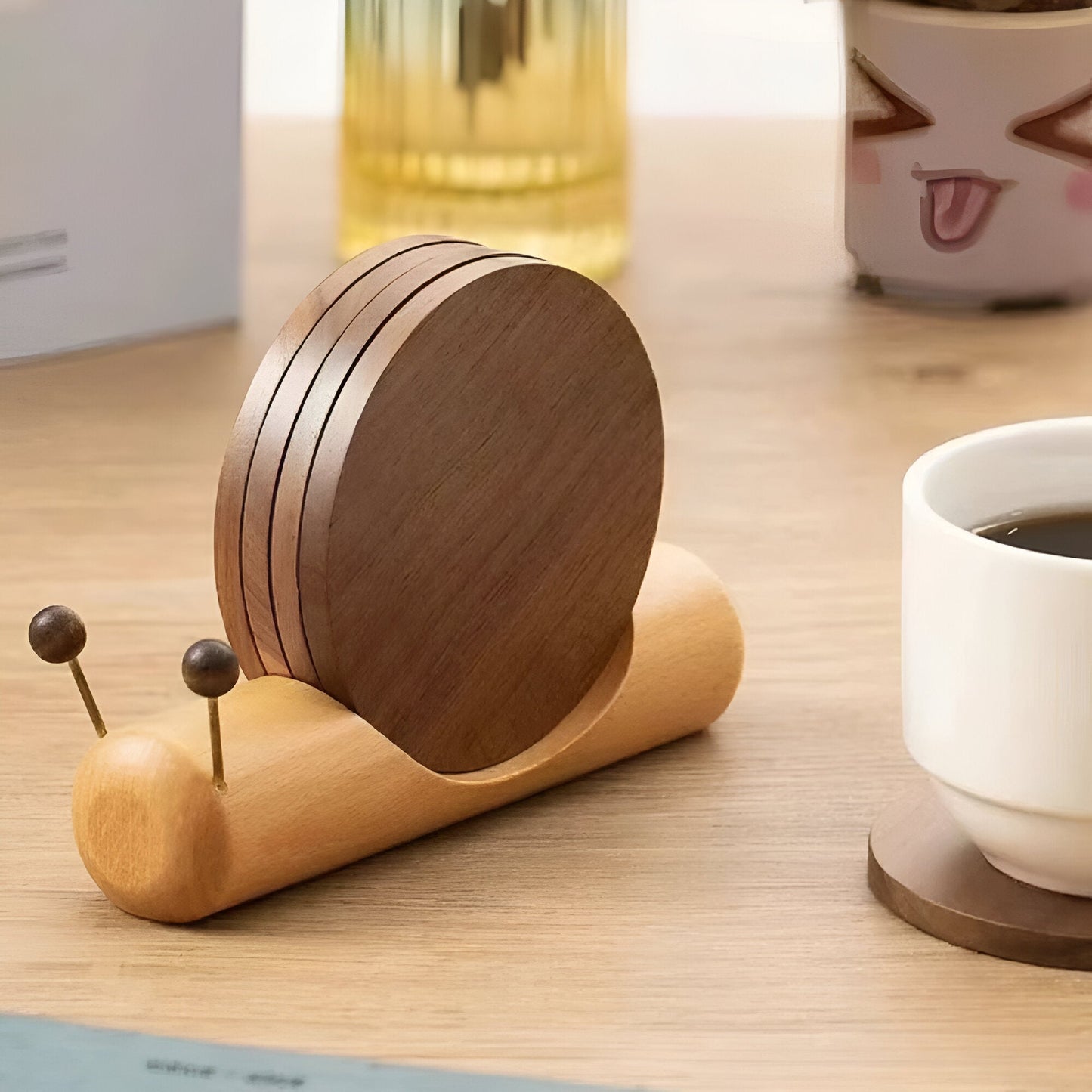 Walnuss Holz Schnecken Tee & Kaffee Becher Untersetzer - Süße Dekoration | Brehn