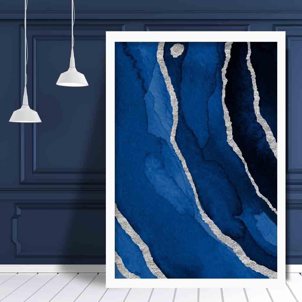 Abstrakter Kunstdruck in Marineblau und Silber Nr. 3
