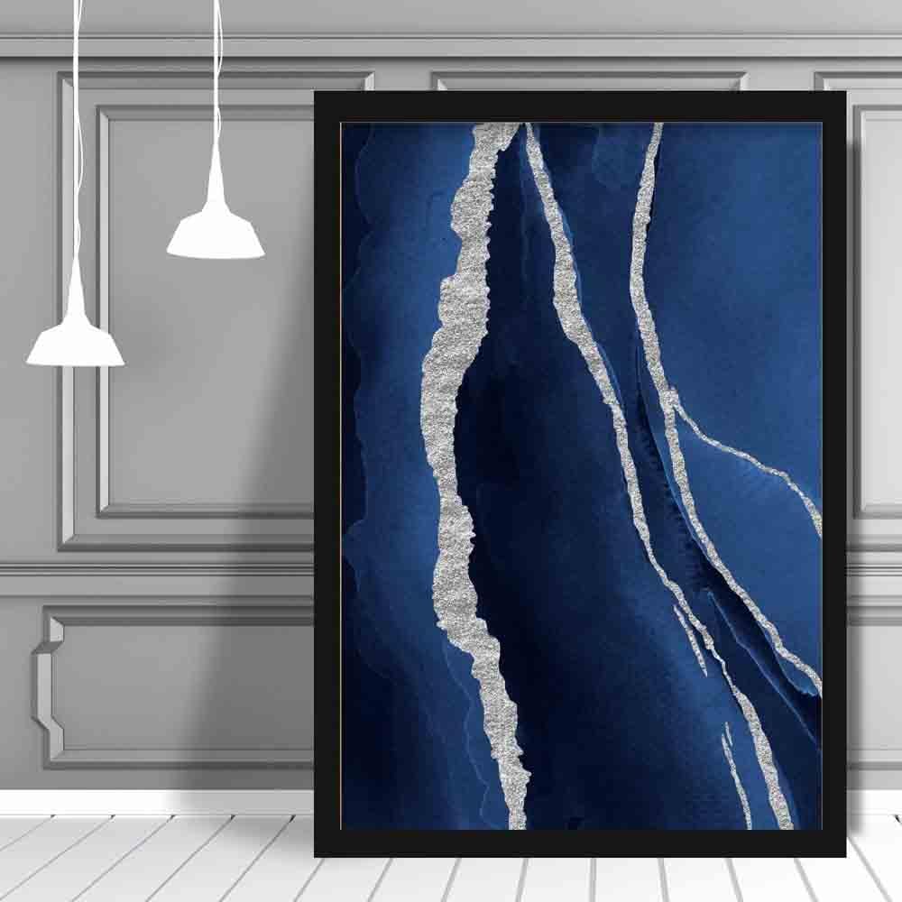 Abstrakter Kunstdruck in Marineblau und Silber Nr. 1