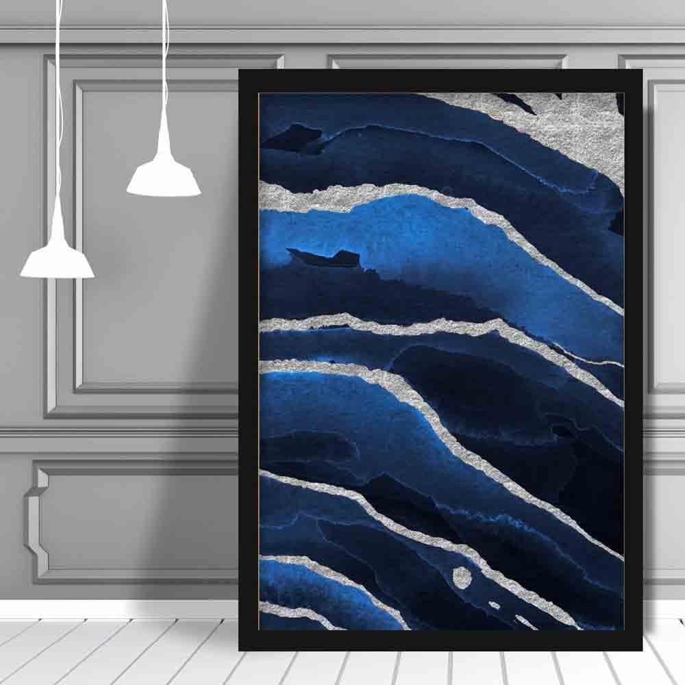 Abstrakter Kunstdruck in Marineblau und Silber Nr. 2