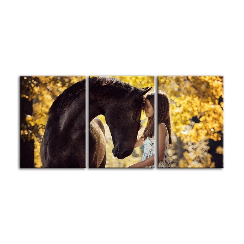Freundschaft zwischen einem Mädchen und einem Pferd - Leinwand Wandkunst Malerei 3 Teile
