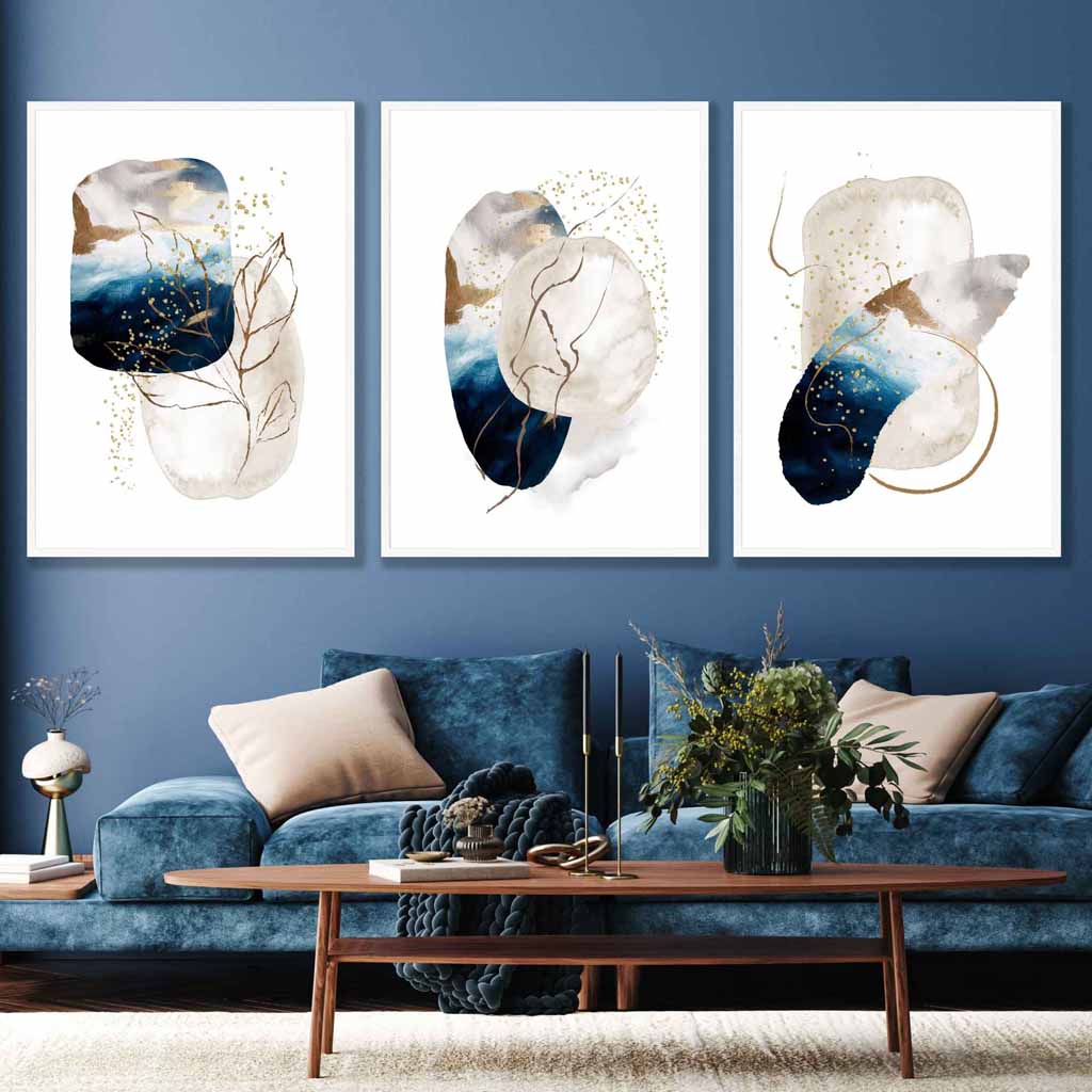 Abstraktes, strukturiertes Wandbild-Set in Marineblau, Elfenbein und Gold (3-teilig)