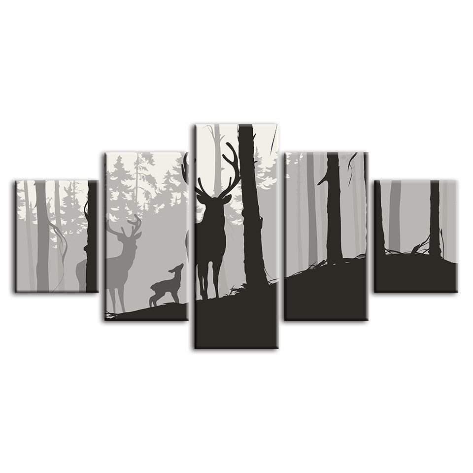 Silhouette einer Hirschfamilie, 5-teilig - Leinwandbild