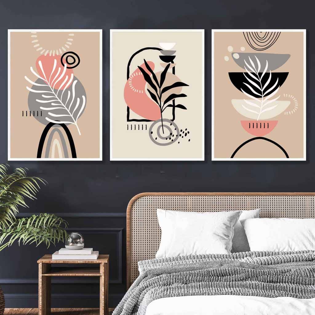 Boho-Stil, abstraktes 3er-Set Wandbilder in Rosa, Schwarz, Beige und Grau