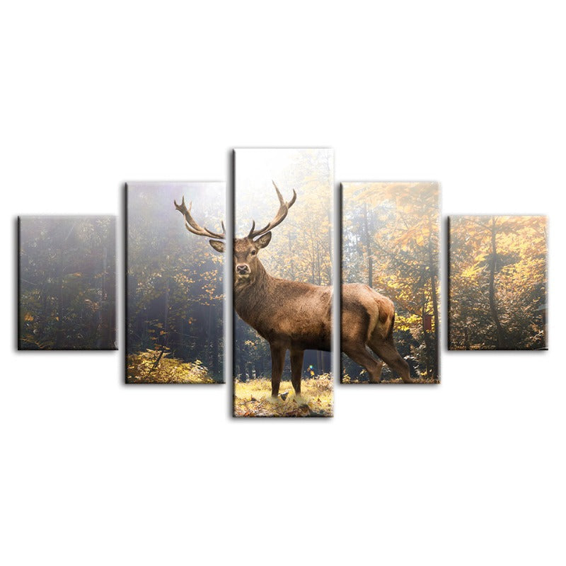 5-teiliges majestätisches Reh im Wald - Leinwand Wandkunst Gemälde