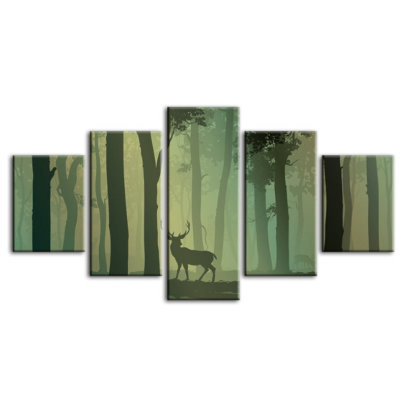 5-teilige verzauberte grüne Silhouetten-Hirsch - Leinwand Wandkunst Malerei