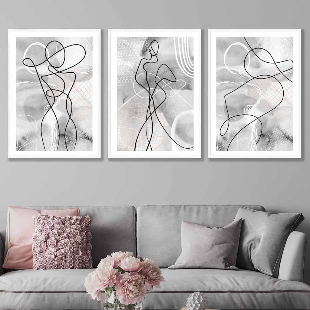 Abstraktes Set aus 3 Mode-Linienkunst-Wandbildern in Schwarz und Grau
