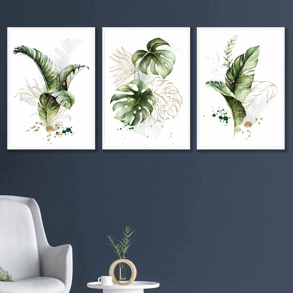 Botanisches Set aus 3 grünen und goldenen floralen Wandbildern