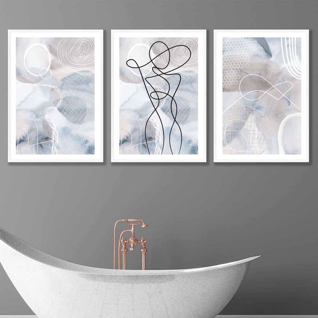 Abstraktes Set aus 3 Kunstdrucken mit Modelinien in Blau und Beige