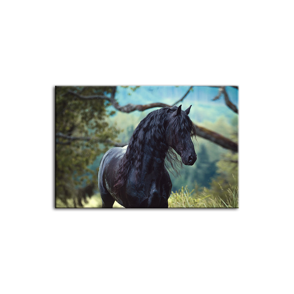 Schwarzes Pferd im Wald - Leinwand Wandkunst Gemälde