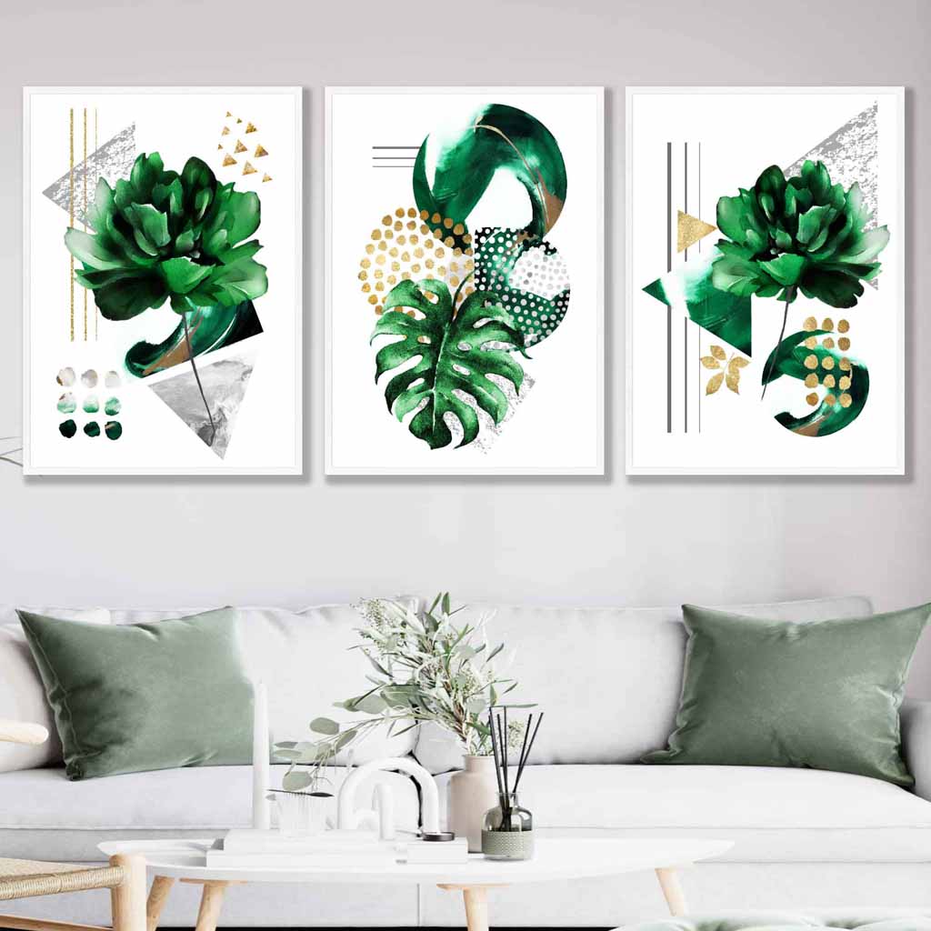 Abstraktes grün-goldenes Blumen-Set aus 3 Kunstdrucken
