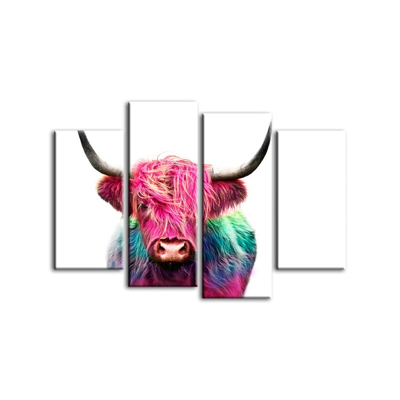 4-teiliges Farbige Pinke Kuh - Leinwand Wandkunst Gemälde