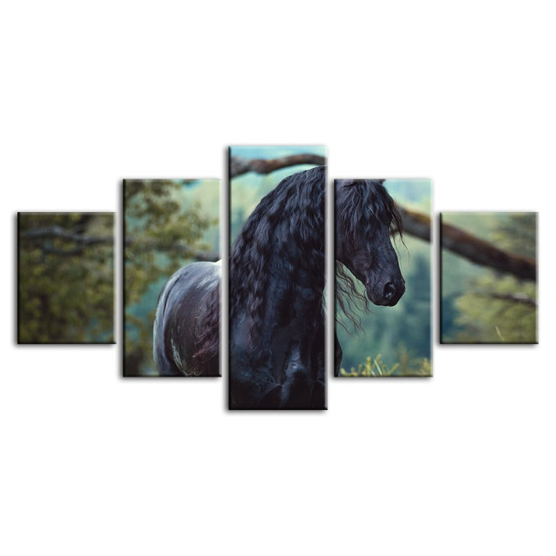 5 Stück Schwarzes Pferd im Wald - Leinwand Wandkunst Gemälde