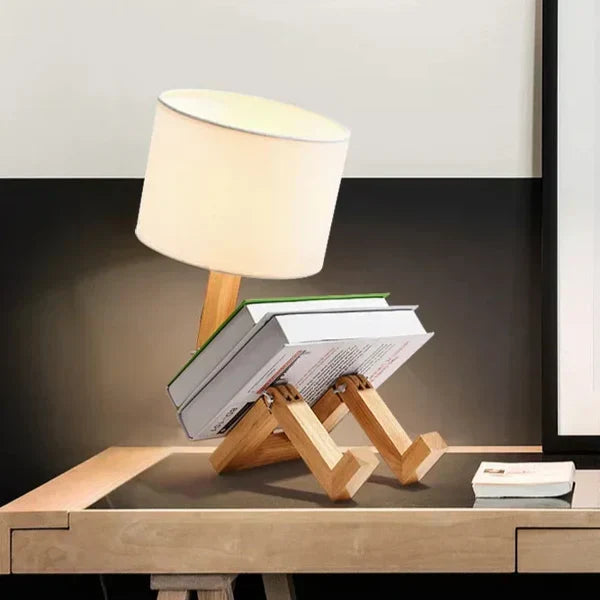 Brehn | Holz Tischlampe mit Bücherhalter - RutanFlex